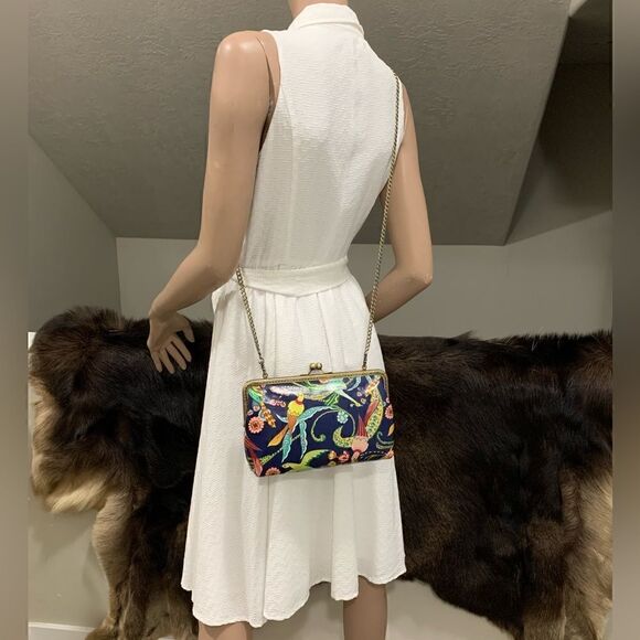 Handsewn Genuine Leather Floral Printed, Kisslock Clutch/Crossbody/Evening bag